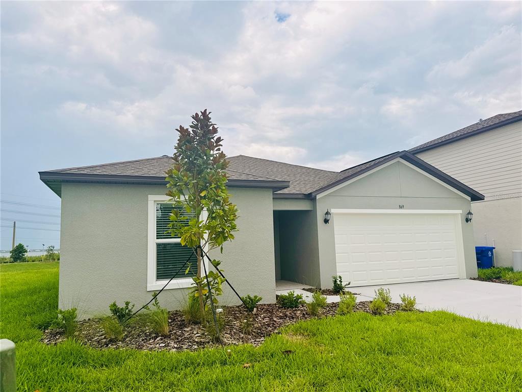 A single-story house with a light gray stucco exterior, a two-car garage, and a tree — 869 HOUR GLASS RD, LAKELAND, FL