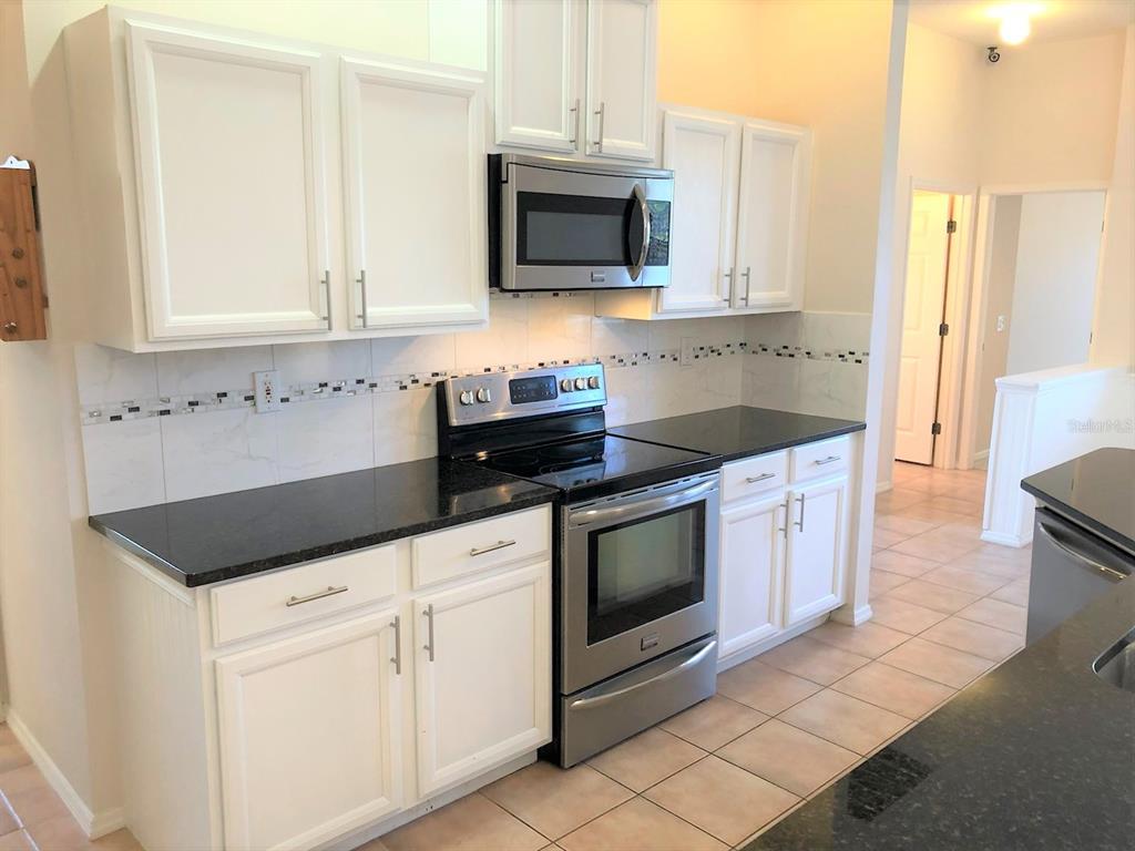 A kitchen features white cabinets, black countertops, stainless steel appliances, and a tiled backsplash — 4200 TENNYSON WAY, VENICE, FL