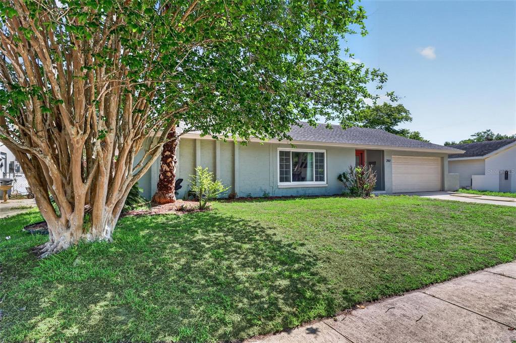 A single-story house with a light green exterior, a two-car garage, and a large tree — 2102 WINNEBEGO TRAIL, FERN PARK, FL