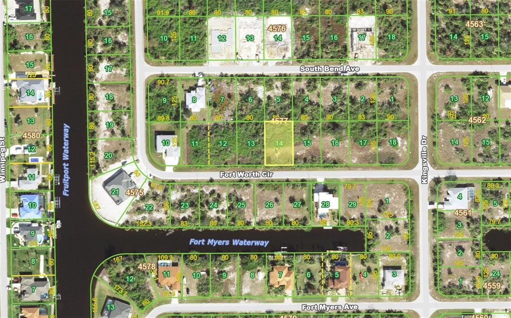 This is a satellite map showing residential lots and streets in a suburban neighborhood — 14327 FORT WORTH CIRCLE, PORT CHARLOTTE, FL