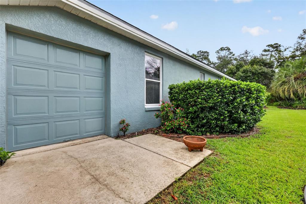A concrete patio sits beside a blue garage door and a large green bush — 9035 LAUREL RIDGE DRIVE, MOUNT DORA, FL