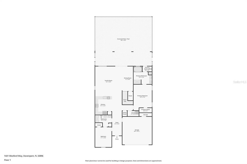 This is a floor plan of a single-story home with a garage and screened patio — 1431 WEXFORD WAY, DAVENPORT, FL