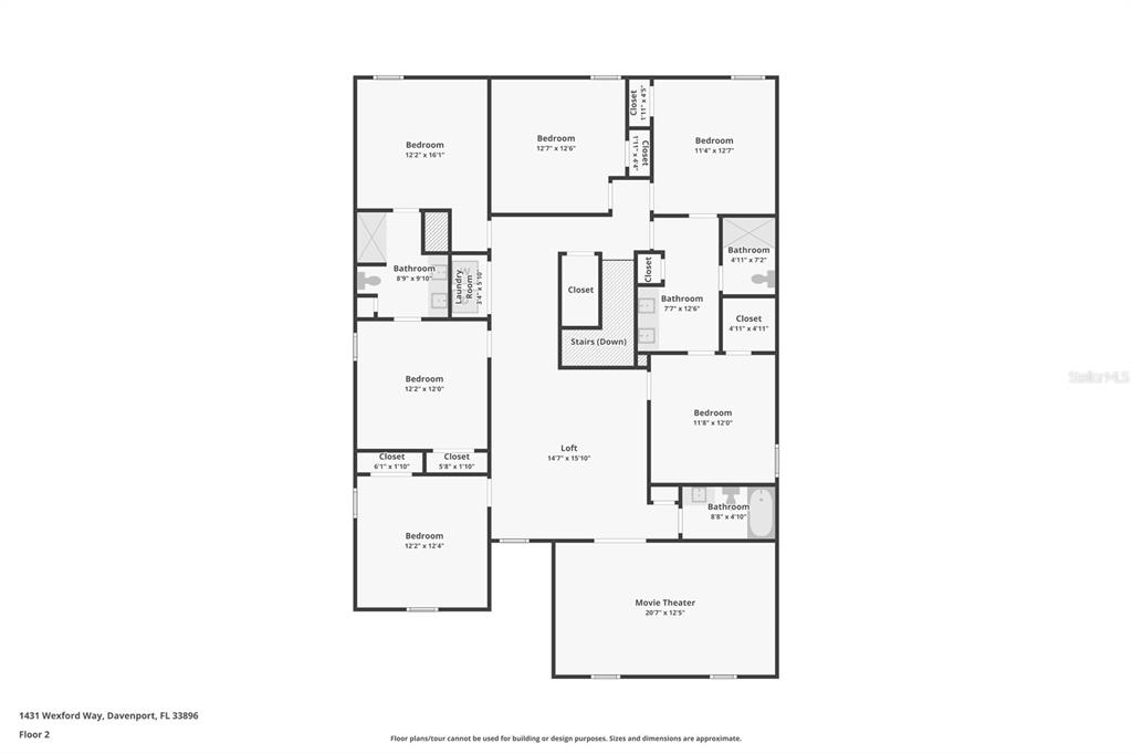 This is a floor plan of a second-story level featuring six bedrooms, a loft, and bathrooms — 1431 WEXFORD WAY, DAVENPORT, FL