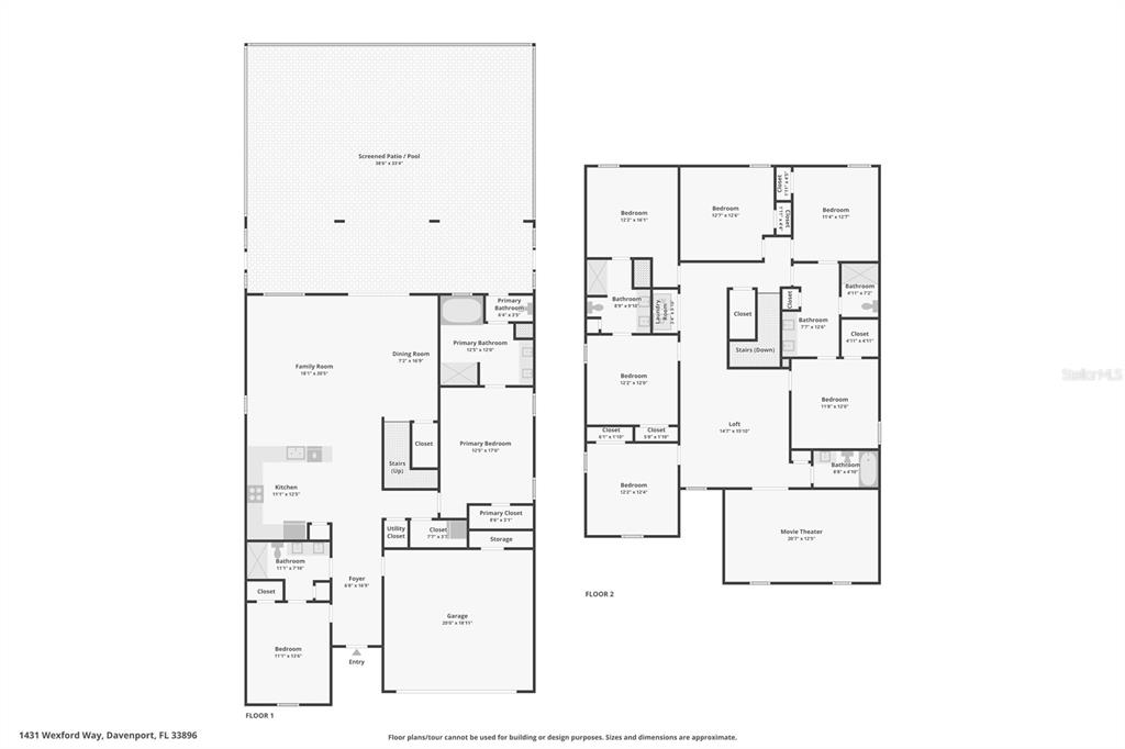 This is a two-story floor plan showing the layout of a residential home — 1431 WEXFORD WAY, DAVENPORT, FL