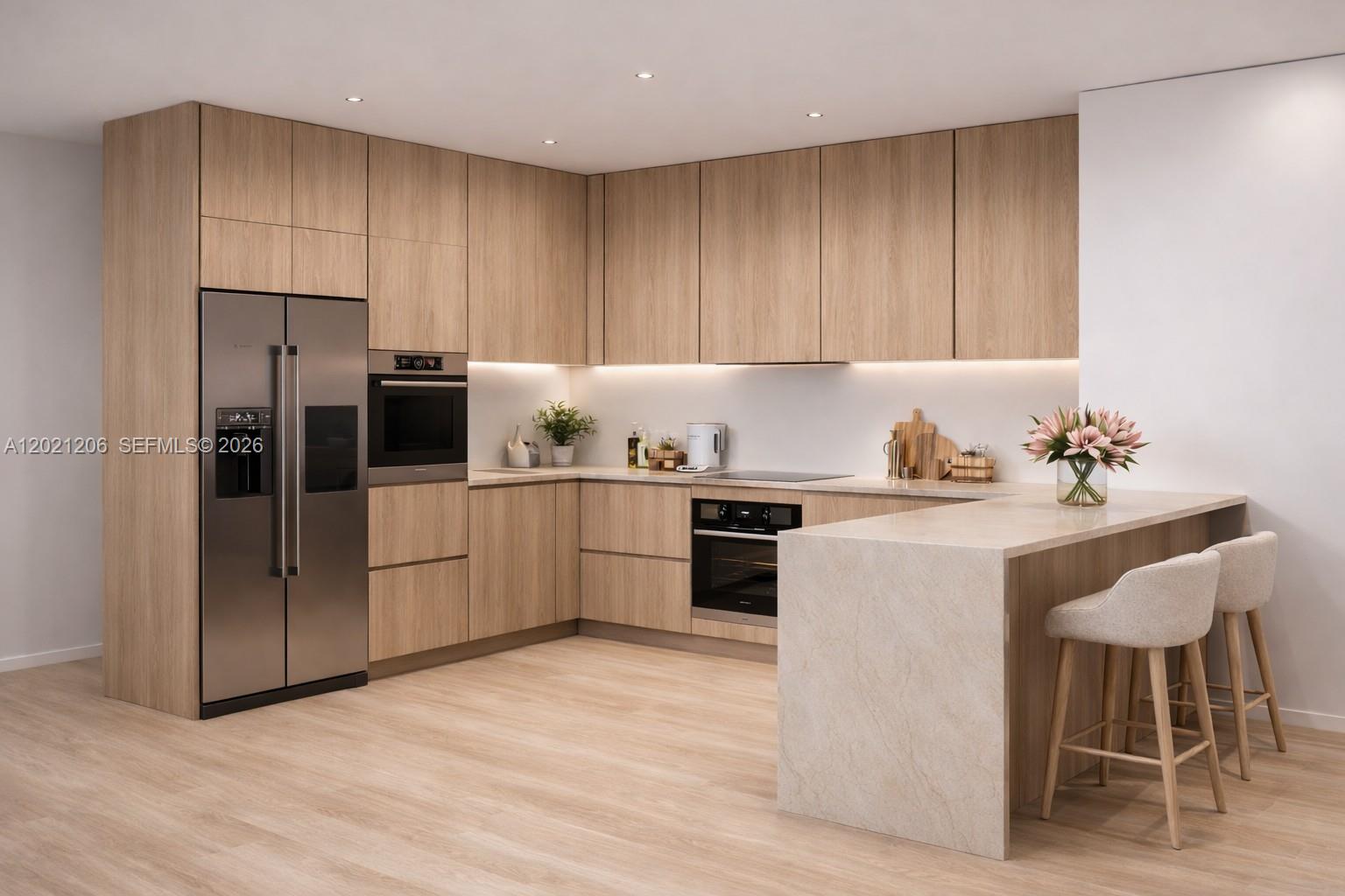 This is a rendering of a modern kitchen featuring light wood cabinetry and stone countertops — 7860 NE Bayshore Ct # 2C, Miami FL 33138, MIAMI, FL