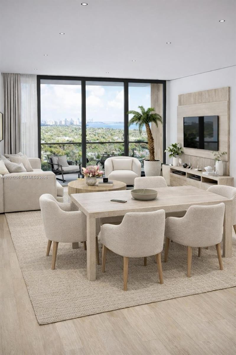 This rendering shows a modern open-concept living and dining area with floor-to-ceiling windows — 7860 NE Bayshore Ct # 2C, Miami FL 33138, MIAMI, FL