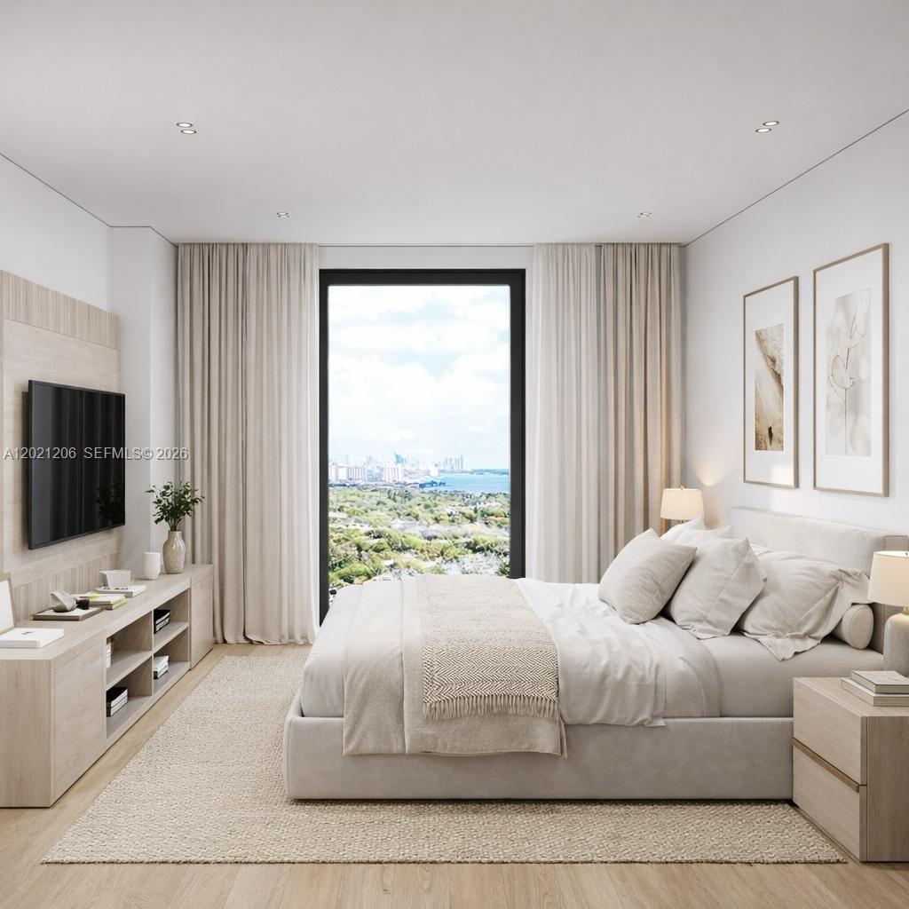 This is a rendering of a modern bedroom with a bed, television, and balcony view — 7860 NE Bayshore Ct # 2C, Miami FL 33138, MIAMI, FL