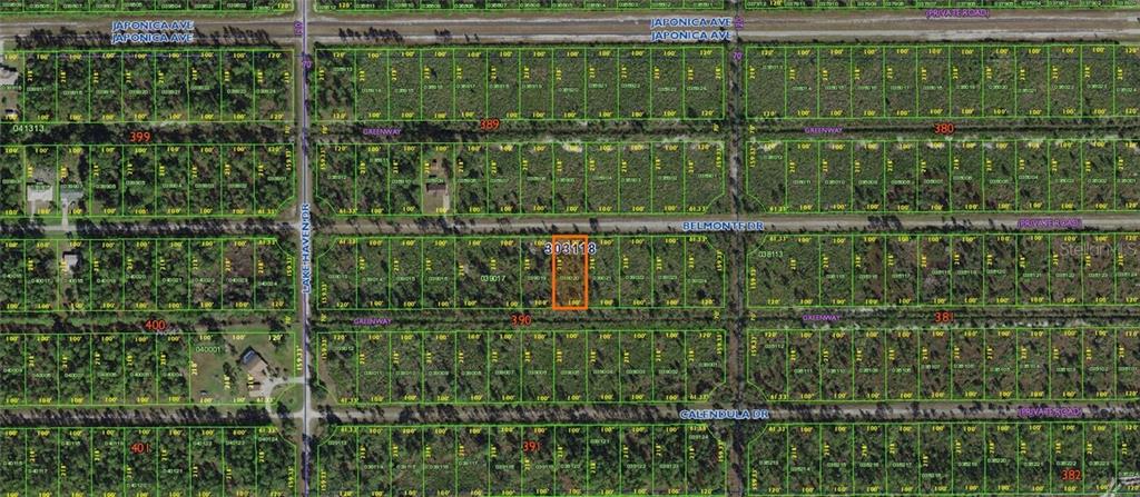 This is a map showing a highlighted rectangular land parcel in a residential subdivision — BELMONTE DRIVE, INDIAN LAKE ESTATES, FL