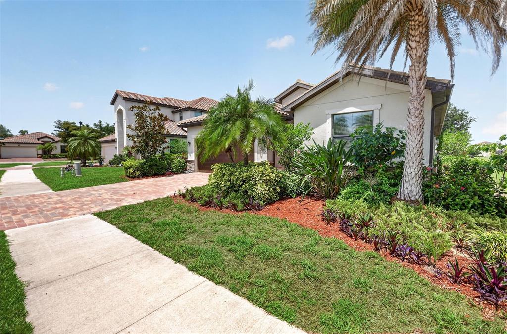 A single-story house with a paved driveway, palm trees, and landscaped garden beds — 20722 ROMAGNA PLACE, VENICE, FL