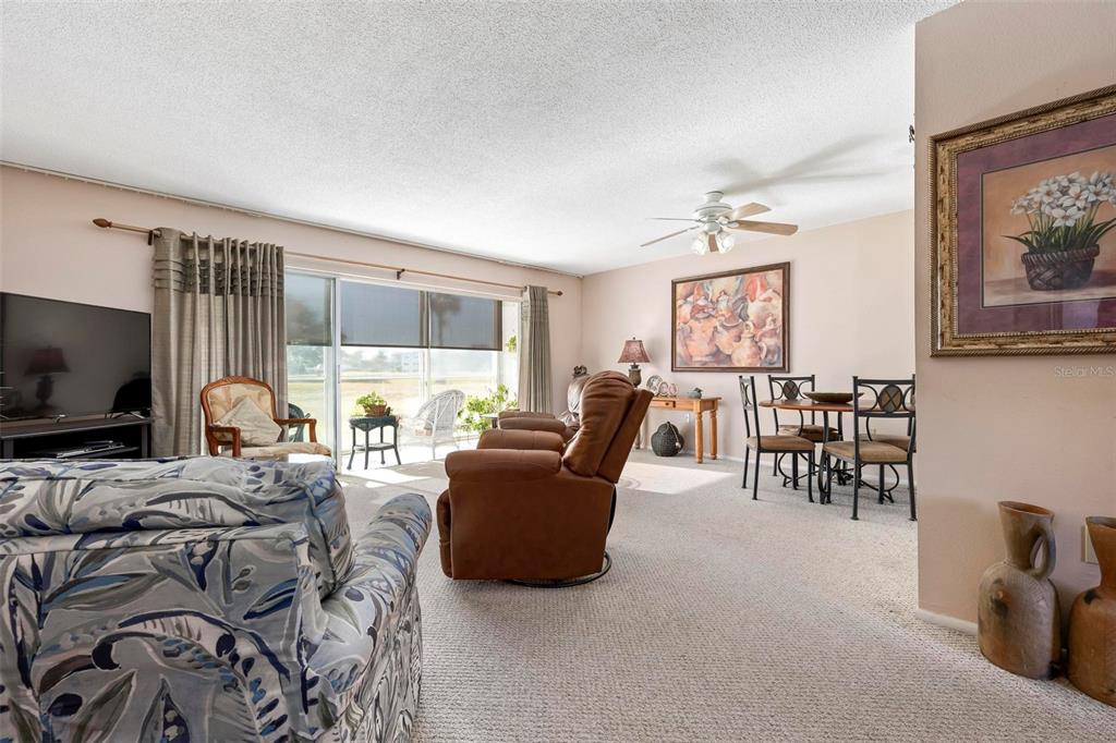 A carpeted living and dining area features a sliding glass door and ceiling fan — 4040 IRONWOOD CIRCLE UNIT 102F, BRADENTON, FL
