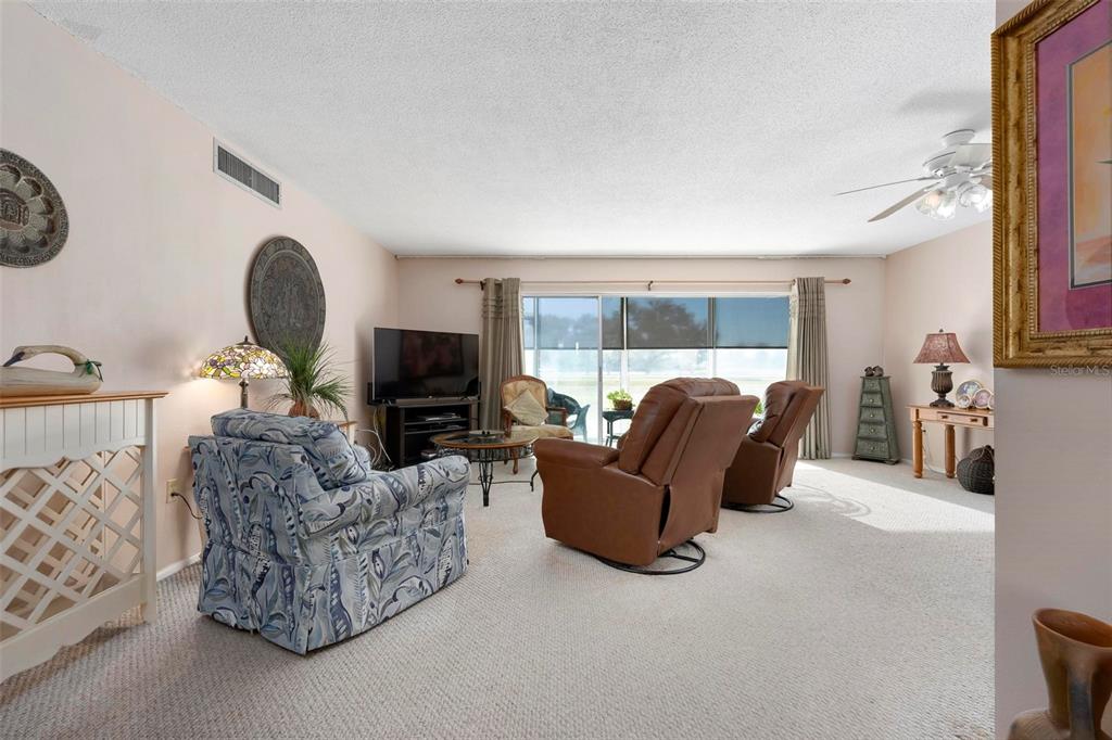 A living room features beige carpet, a ceiling fan, and a large sliding glass door — 4040 IRONWOOD CIRCLE UNIT 102F, BRADENTON, FL