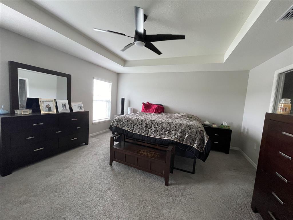 A bedroom features a tray ceiling, a ceiling fan, dark wood furniture, and carpeted flooring — 2824 SAN MARCO WAY, WINTER HAVEN, FL