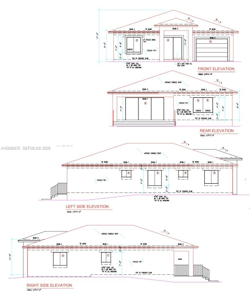 This architectural rendering shows the four exterior elevations of a single-story residential building — 4035 SW 25th St, West Park FL 33023, WEST PARK, FL