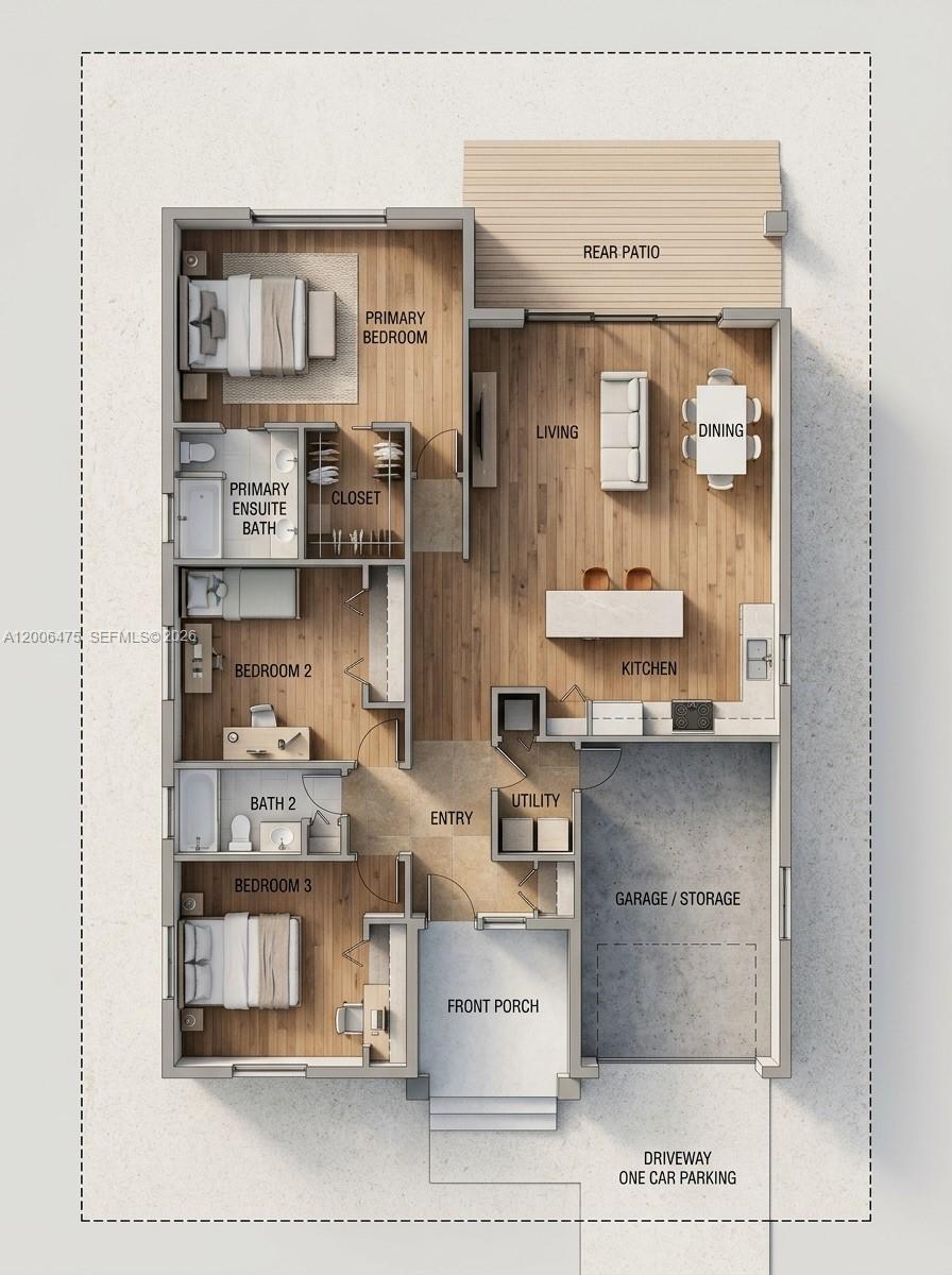 This is a floor plan rendering of a three-bedroom, two-bathroom house with a garage — 4035 SW 25th St, West Park FL 33023, WEST PARK, FL