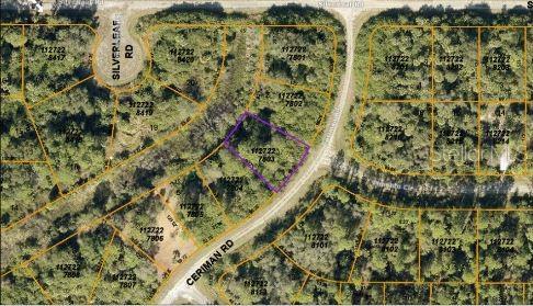 This is an aerial map showing a highlighted vacant lot surrounded by wooded residential parcels — CERIMAN ROAD, NORTH PORT, FL