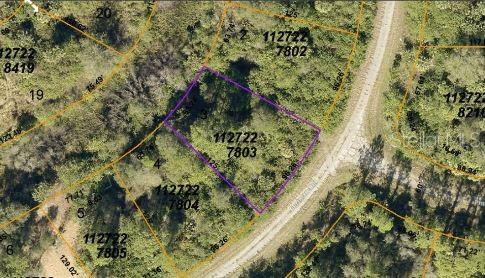 An aerial map view shows a vacant, wooded rectangular plot of land outlined in purple — CERIMAN ROAD, NORTH PORT, FL