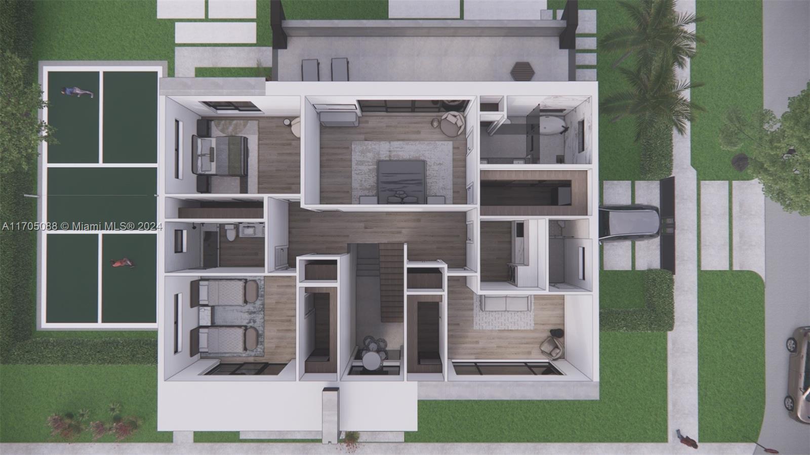 This is a 3D floor plan rendering of a modern house with a pickleball court — 350 SW 34th Ave, Miami FL 33135, MIAMI, FL