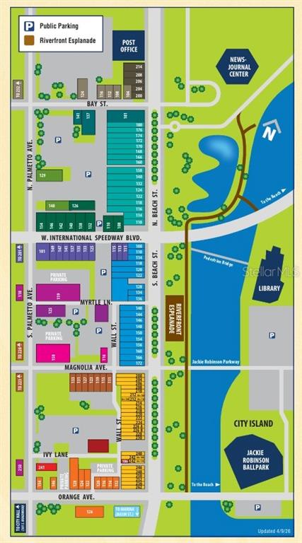 This is a map showing public parking and the Riverfront Esplanade in a city area — 240 S BEACH STREET, DAYTONA BEACH, FL