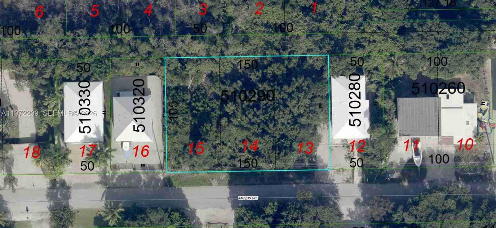 This is an aerial map showing a vacant lot outlined in blue along Tarpon Avenue — 16 Tarpon Ave, Key Largo FL 33037, KEY LARGO, FL