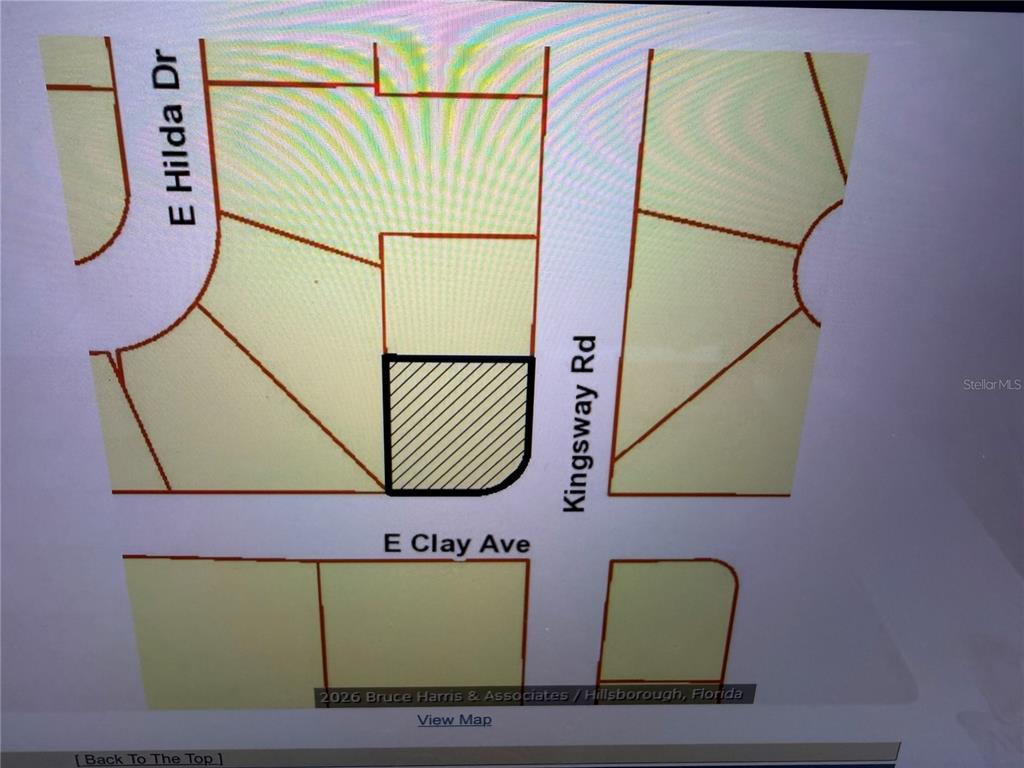 This is a map showing a highlighted property lot at the corner of two streets — 0 CLAY AVENUE, BRANDON, FL