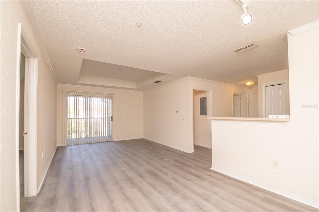An empty living room features light gray wood-look flooring, a tray ceiling, and sliding doors — 18001 RICHMOND PLACE DRIVE UNIT 834, TAMPA, FL