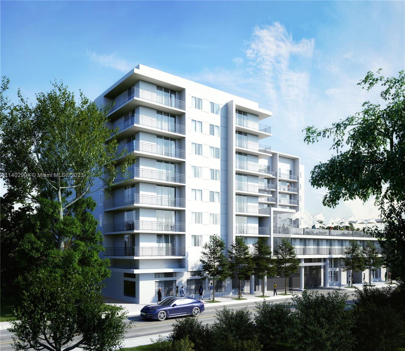 This is a digital rendering of a modern multi-story residential building with balconies and trees — 645 NW 1st St # 703, Miami FL 33126, MIAMI, FL