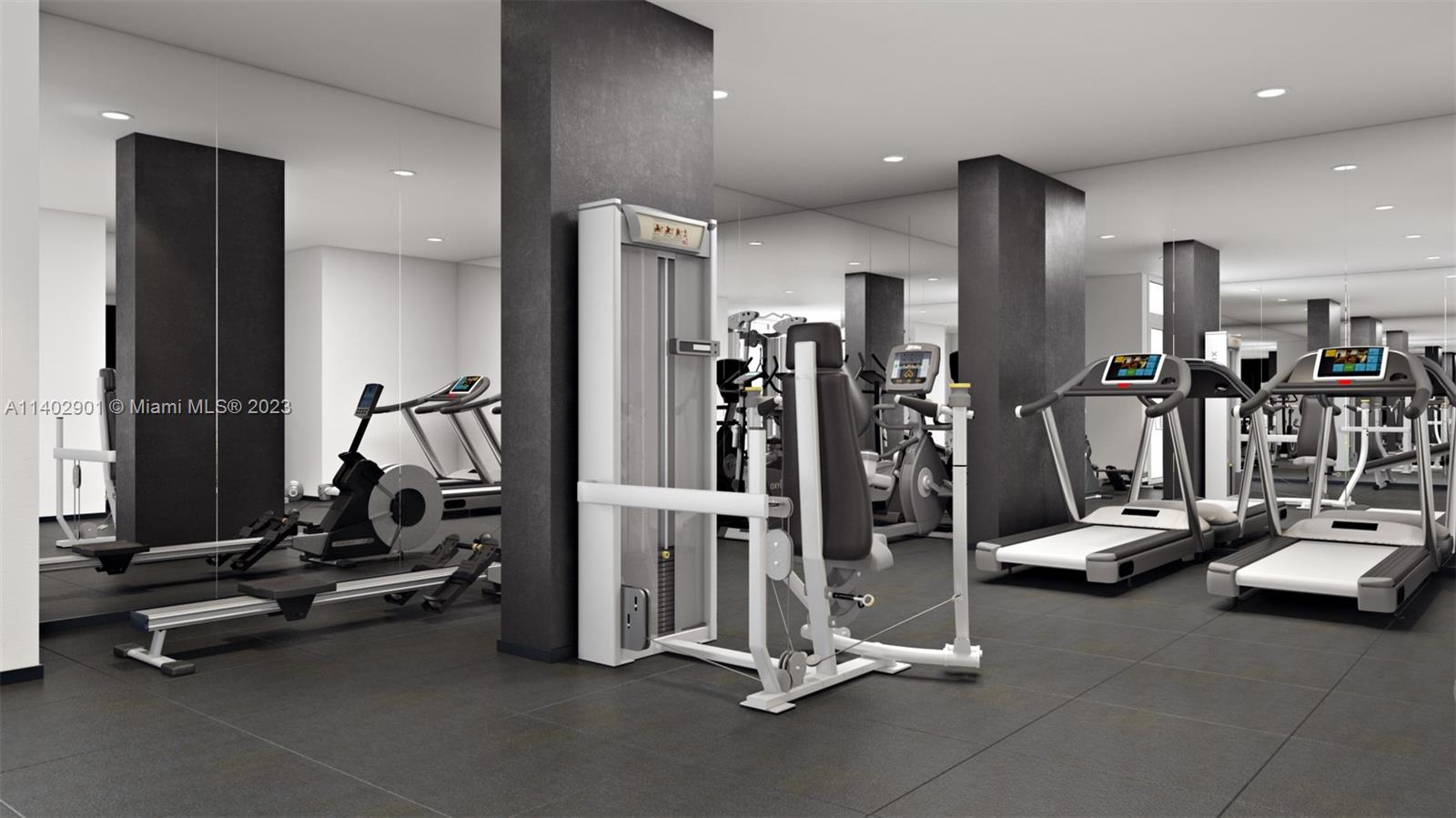 This rendering shows a modern gym with exercise equipment, dark pillars, and mirrored walls — 645 NW 1st St # 703, Miami FL 33126, MIAMI, FL