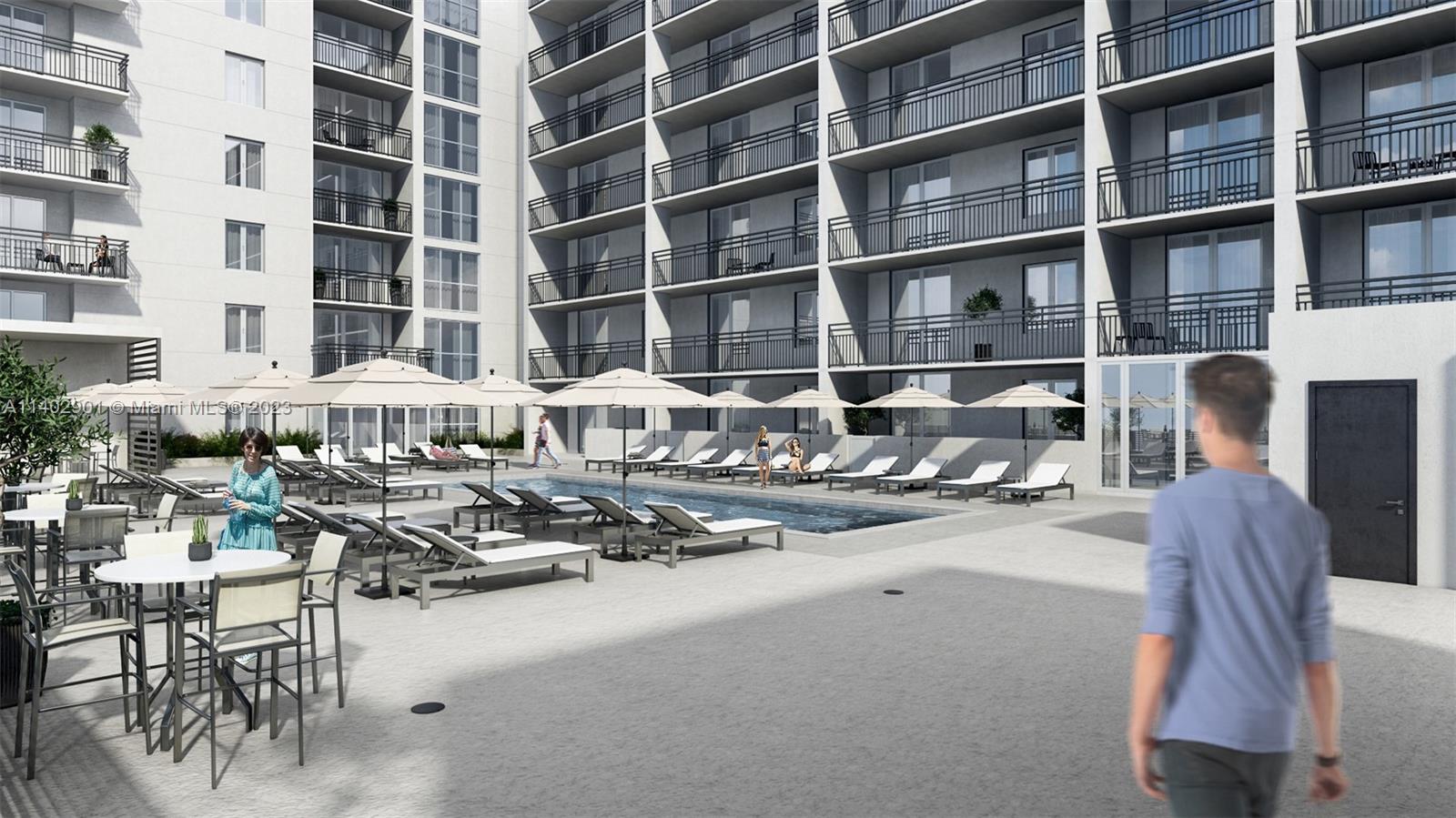 This is a rendering of an outdoor pool deck with lounge chairs and umbrellas — 645 NW 1st St # 703, Miami FL 33126, MIAMI, FL