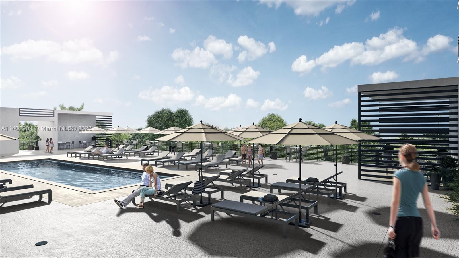 This is a rendering of an outdoor swimming pool deck with lounge chairs and umbrellas — 645 NW 1st St # 703, Miami FL 33126, MIAMI, FL