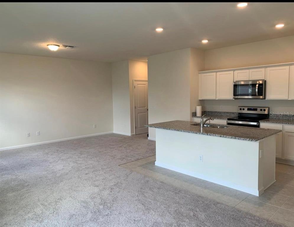 An open-concept kitchen with white cabinets and granite countertops overlooks a carpeted living area — 2257 LITCHFIELD LOOP, DELAND, FL