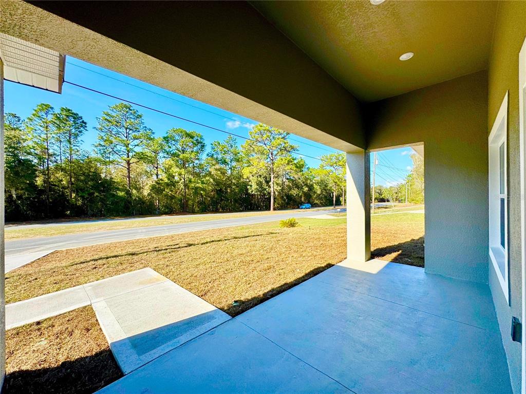 A covered concrete porch overlooks a grassy yard and a road lined with trees — 10385 N CITRUS SPRINGS BOULEVARD, CITRUS SPRINGS, FL