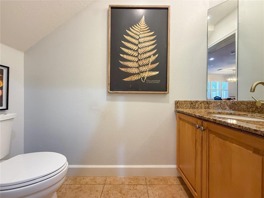 A bathroom features a toilet, a wooden vanity with a granite countertop, and wall art — 2650 TANGLEWOOD TRAIL, PALM HARBOR, FL