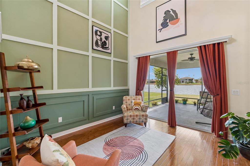 A living room features green paneled walls, a patterned rug, and sliding doors to a patio — 13344 GRAHAM YARDEN, RIVERVIEW, FL