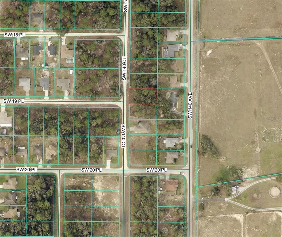 This is an aerial map showing residential lots, streets, and undeveloped land — 00 SW 140TH COURT, OCALA, FL