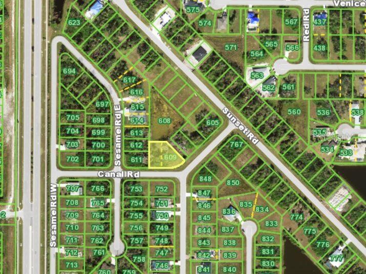 This is a satellite map showing a highlighted vacant residential lot at a road intersection — 124 CANAL ROAD, ROTONDA WEST, FL