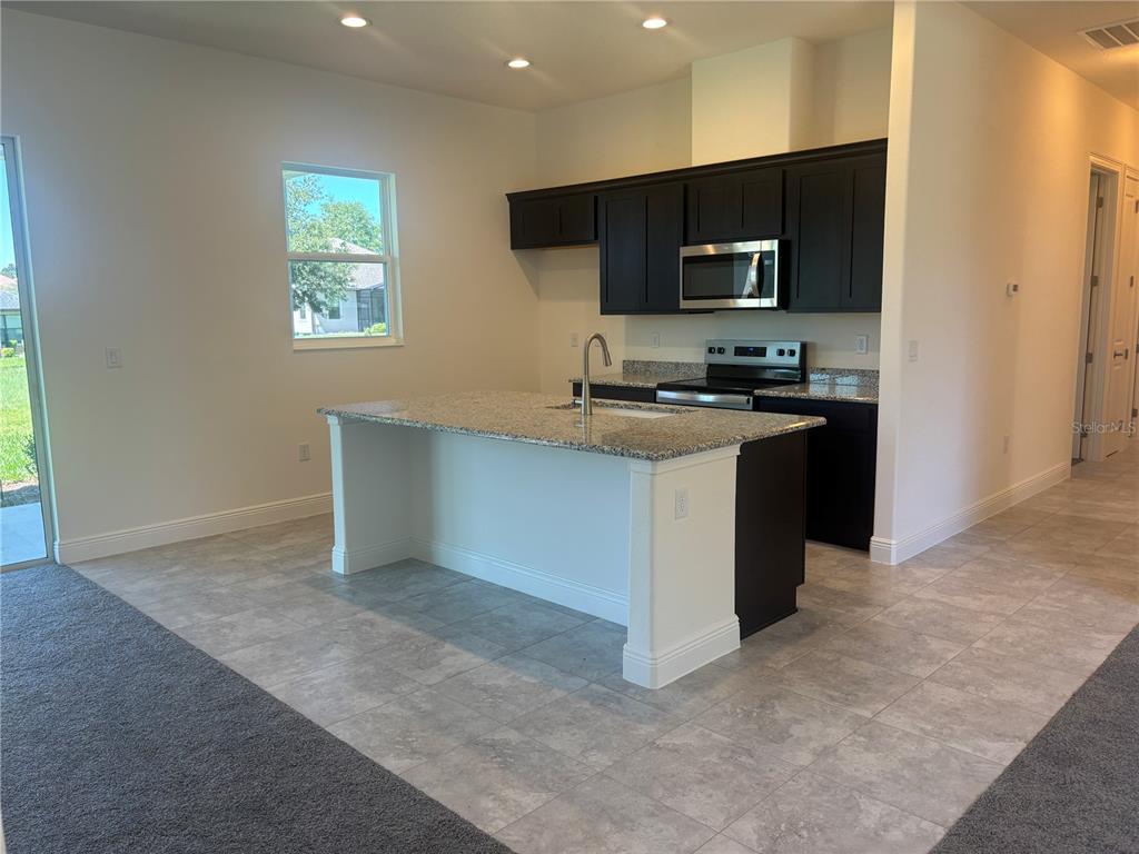 A kitchen features a granite-topped island, dark cabinetry, stainless steel appliances, and tile flooring — 5540 SADDLEBACK COURT, LADY LAKE, FL