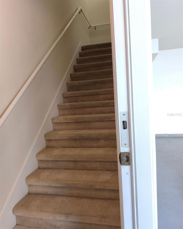 A carpeted staircase leads upward next to a white door frame with hardware — 131 SOUTHERN PECAN CIRCLE UNIT 201, WINTER GARDEN, FL