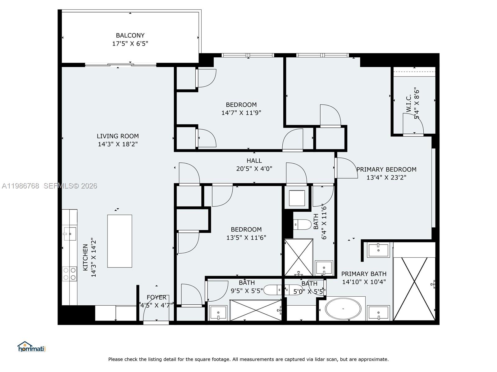 This is a floor plan for a three-bedroom, three-bathroom apartment with a balcony — 2301 Collins Ave # 624, Miami Beach FL 33139, MIAMI BEACH, FL