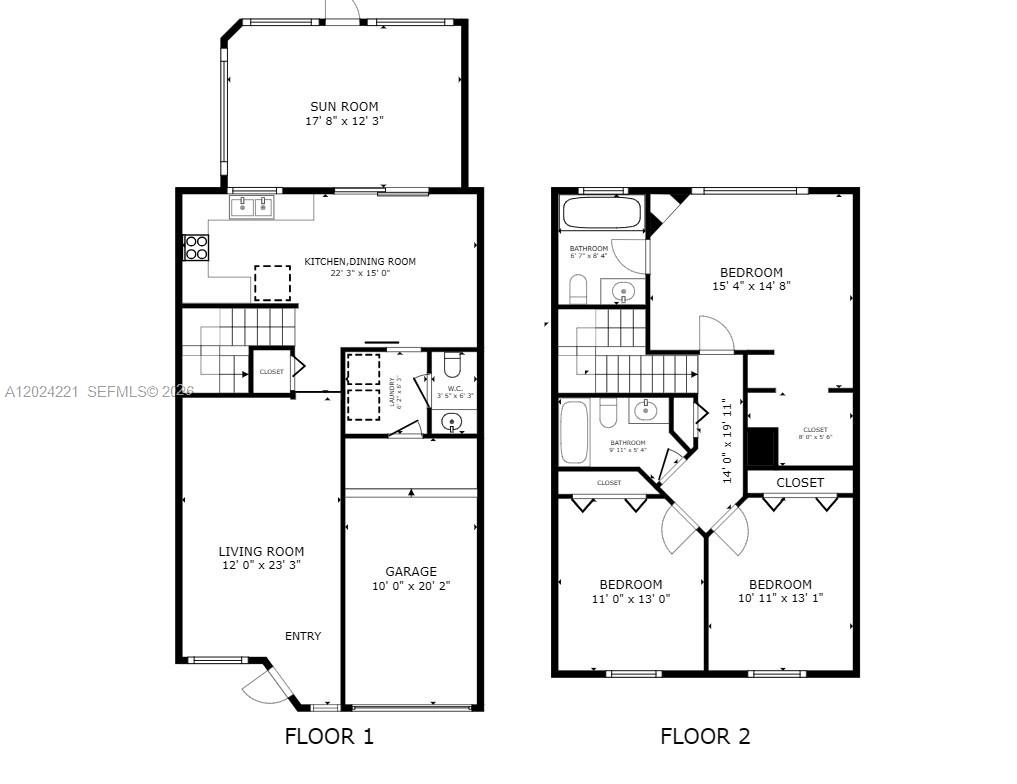 This is a two-story floor plan showing the layout of a residential home — 9803 NW 37th St, Sunrise FL 33351, SUNRISE, FL