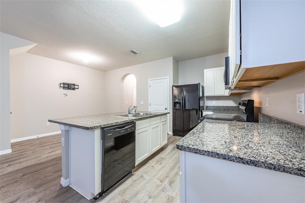 A kitchen features granite countertops, white cabinets, black appliances, and wood-look flooring — 8908 INDIGO TRAIL LOOP, RIVERVIEW, FL