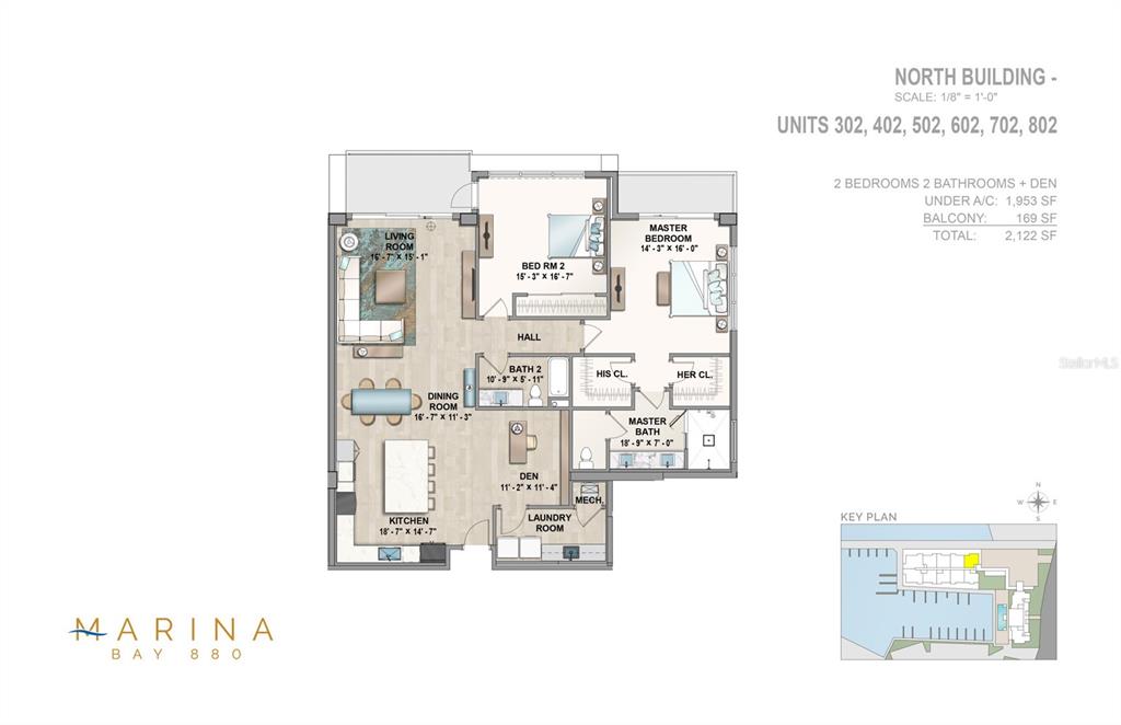 This floor plan shows a two-bedroom, two-bathroom apartment unit with a den and balcony — 920 N OSCEOLA AVENUE UNIT 702, CLEARWATER, FL