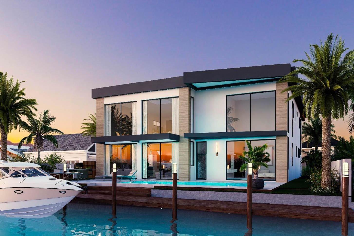 A modern two-story house under construction stands on a sandy lot with a trailer nearby — 1410 Florian Drive, Dania Beach FL 33004, DANIA BEACH, FL