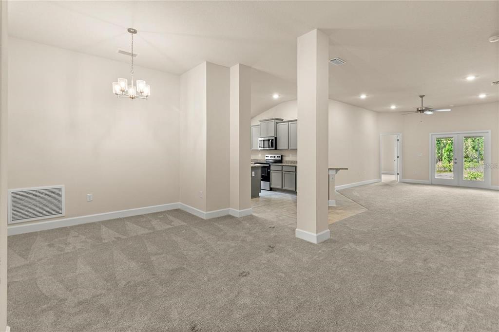 An empty bedroom features beige carpet, light-colored walls, a tray ceiling, and two windows — 1667 ANN ROSE WAY, LEESBURG, FL