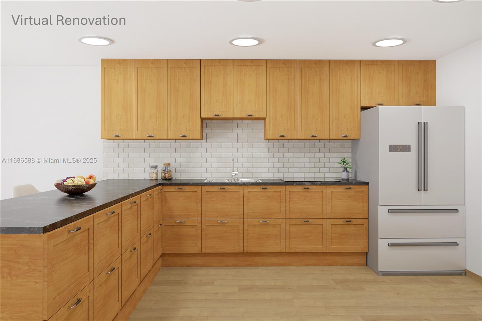 This is a virtual rendering of a kitchen featuring light wood cabinets and dark countertops — 2625 Collins Ave # 608, Miami Beach FL 33140, MIAMI BEACH, FL