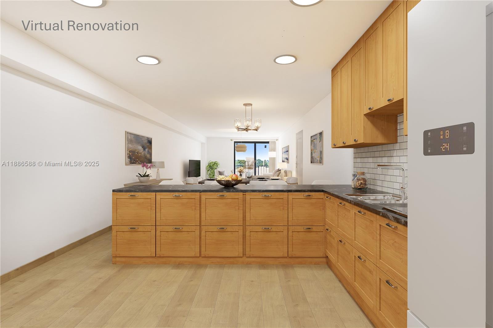This is a virtual renovation rendering of an open-concept kitchen with light wood cabinetry — 2625 Collins Ave # 608, Miami Beach FL 33140, MIAMI BEACH, FL