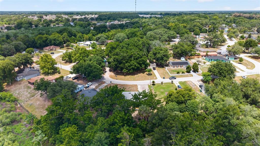 An aerial view shows a residential neighborhood with houses surrounded by dense green trees — 36 BAY RIDGE LOOP, MASCOTTE, FL