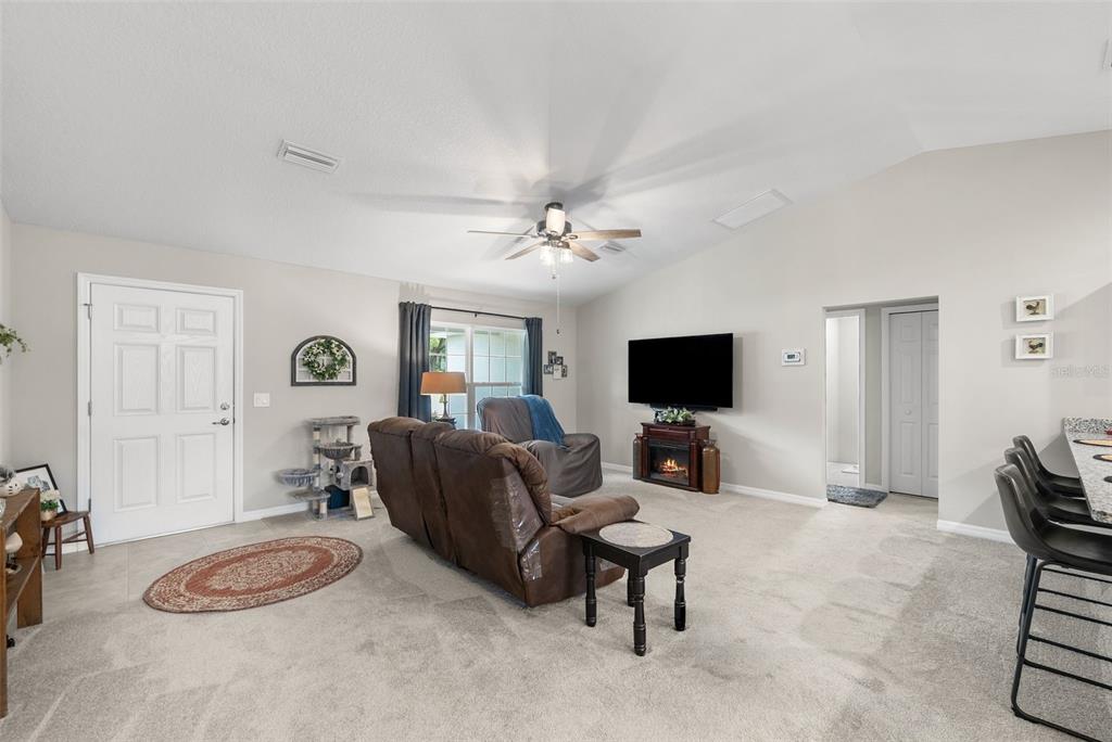 A living room with beige carpet, a brown sofa, a ceiling fan, and a television — 1831 NE 160TH PLACE, CITRA, FL