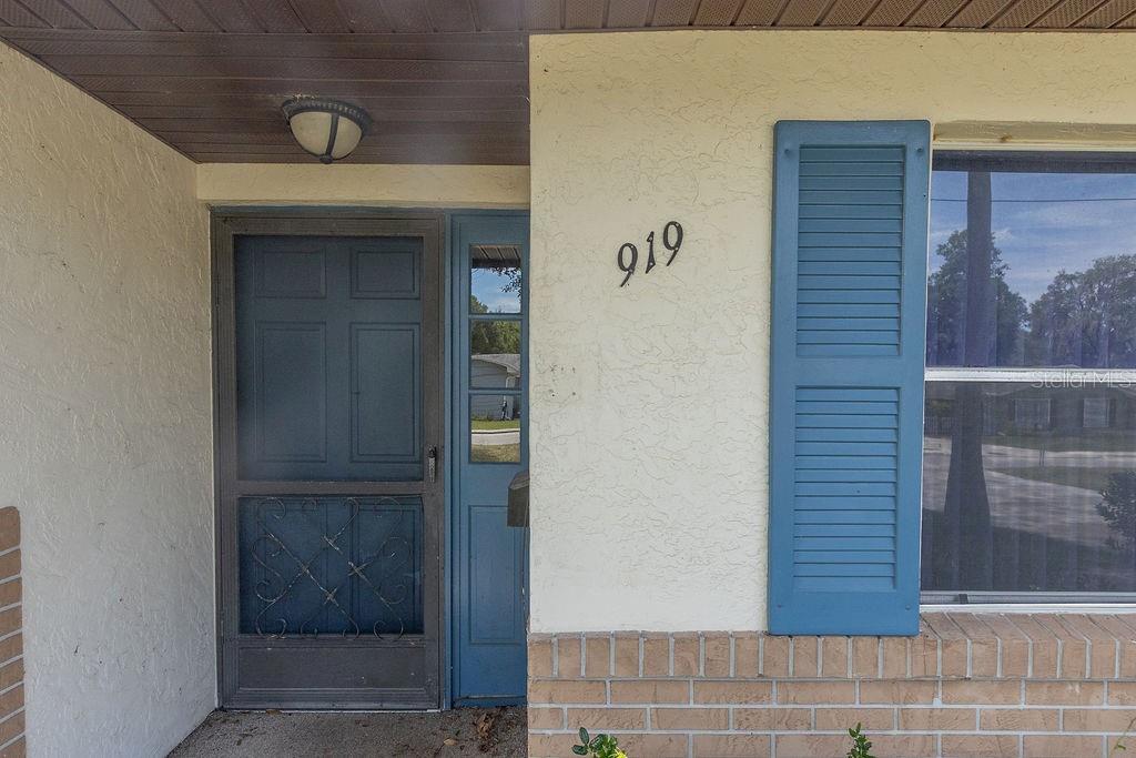 The exterior of a home entrance features a blue screen door, shutters, and house numbers — 919 E MICHIGAN AVENUE, DELAND, FL