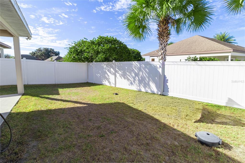 A grassy backyard features a white vinyl privacy fence and a tall palm tree — 1852 SW 246TH DRIVE, NEWBERRY, FL