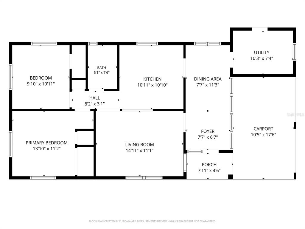 This is a floor plan showing the layout of a house with a carport — 44 VOLUSIA DRIVE, DEBARY, FL